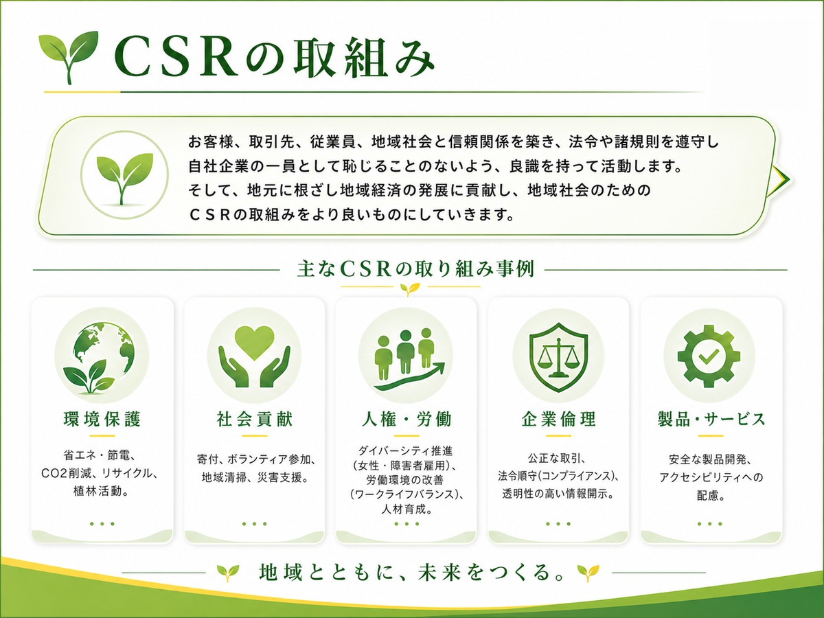 大神産業のCSRの取り組み紹介画像。環境保護、社会貢献、人権・労働、企業倫理、製品・サービスへの取り組みをアイコンでまとめている。