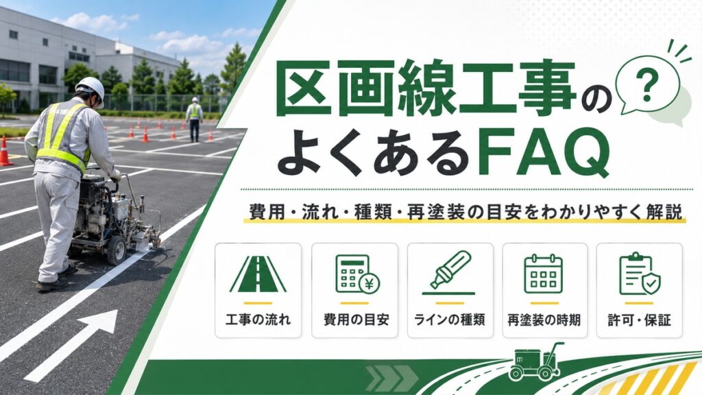 区画線工事のよくあるFAQ用トップ画像。駐車場や道路のライン工事について、費用・流れ・種類・再塗装時期・許可や保証などをわかりやすく案内している。