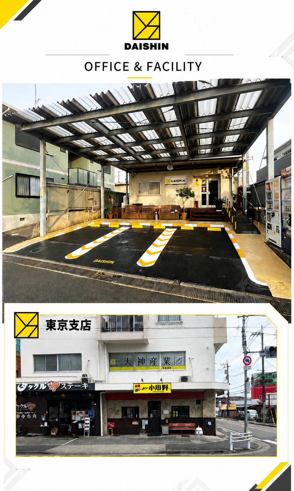 株式会社大神産業の本社と東京支店を紹介するサイドバー用画像。本社駐車場と東京支店の外観を上下に配置し、拠点情報をわかりやすく伝えている。