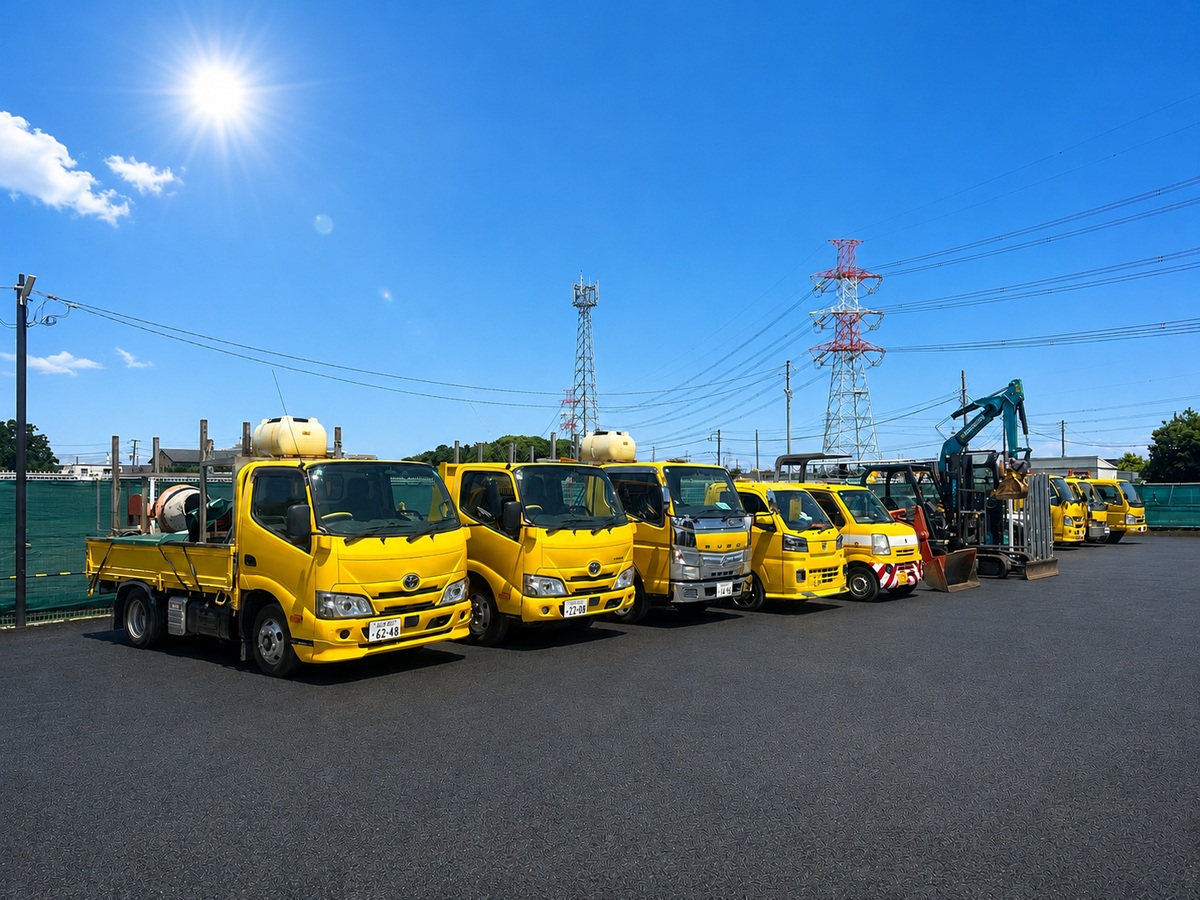 大神産業の保有車両写真。青空の下に黄色い工事車両や重機が並び、交通安全施設工事や道路区画線工事を支える車両体制を紹介している。