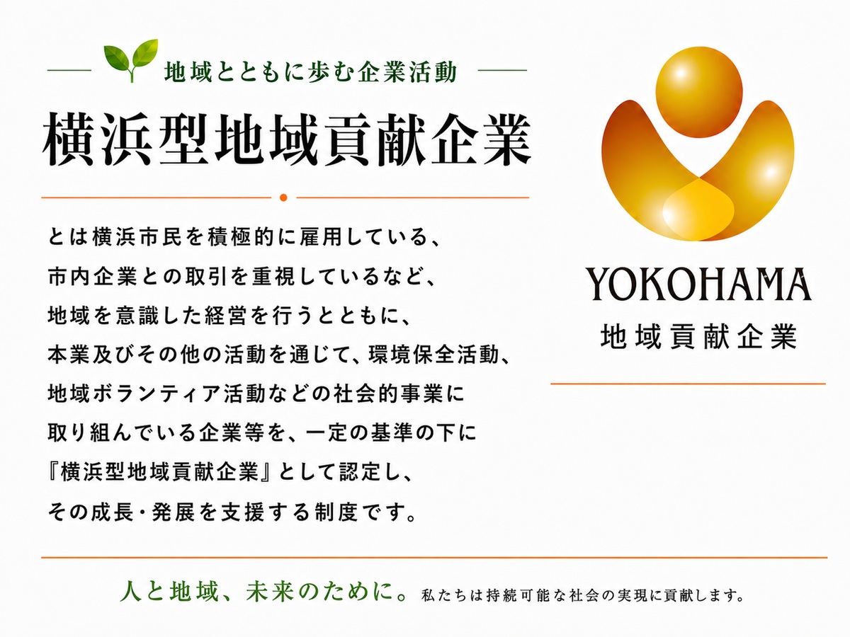 横浜型地域貢献企業の紹介画像。地域とともに歩む企業活動をテーマに、横浜市の認定制度と社会貢献への取り組みを説明している。